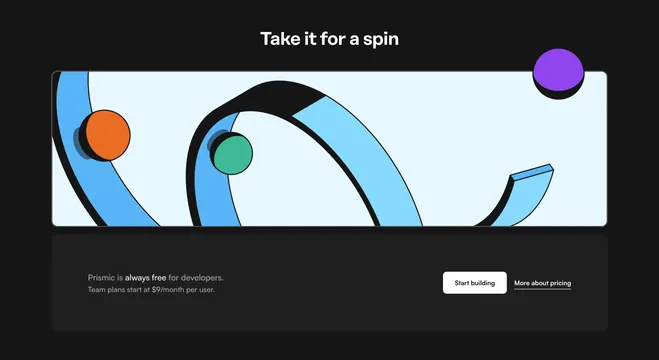 Prismic developer pricing CTA with abstract ribbon art, dark-mode, minimal, dark