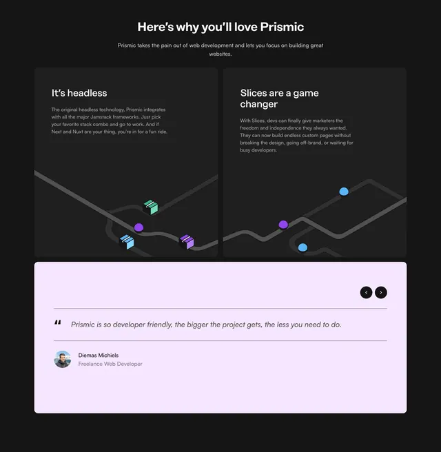 Prismic developer testimonial carousel on lavender panel, minimal, light-mode, light