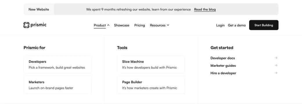 Prismic Product mega menu dropdown, minimal, light-mode, light