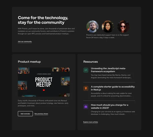 Prismic home community and resources bento, dark-mode, minimal, dark