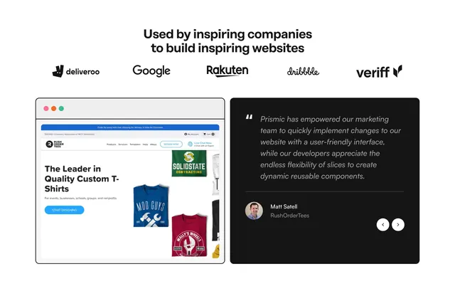 Prismic home testimonial with live site mockup, dark-mode, minimal, dark