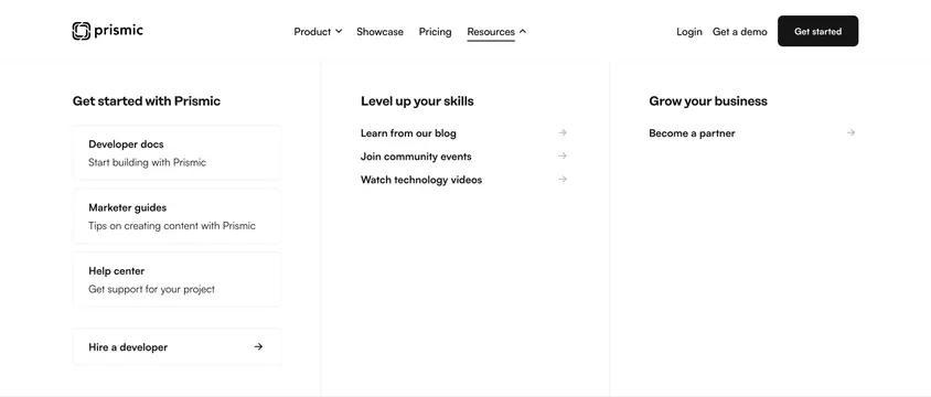 Prismic Resources navbar dropdown menu, minimal, light-mode, light