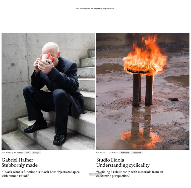 Profiler creative exploration article previews, editorial, minimal, light