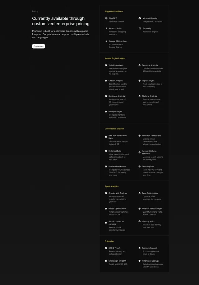 Profound dark enterprise pricing with feature matrix, dark-mode, technical, dark