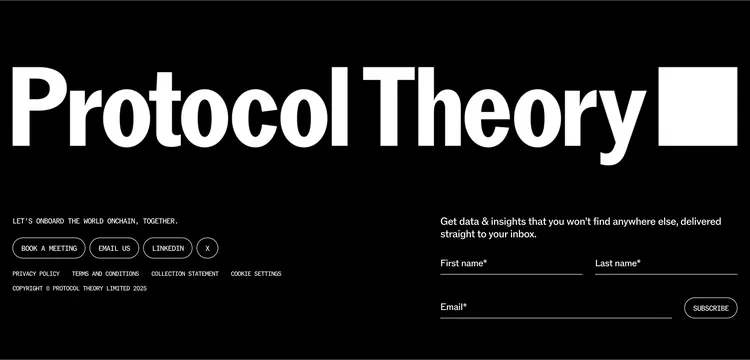 Protocol Theory footer with newsletter signup, minimal, dark-mode, dark