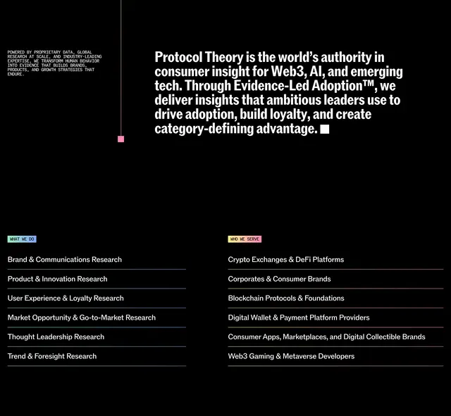 Protocol Theory research offerings service listing, dark-mode, minimal, dark