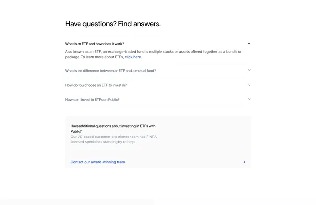 Public invest page ETF FAQ accordion, minimal, light-mode, light