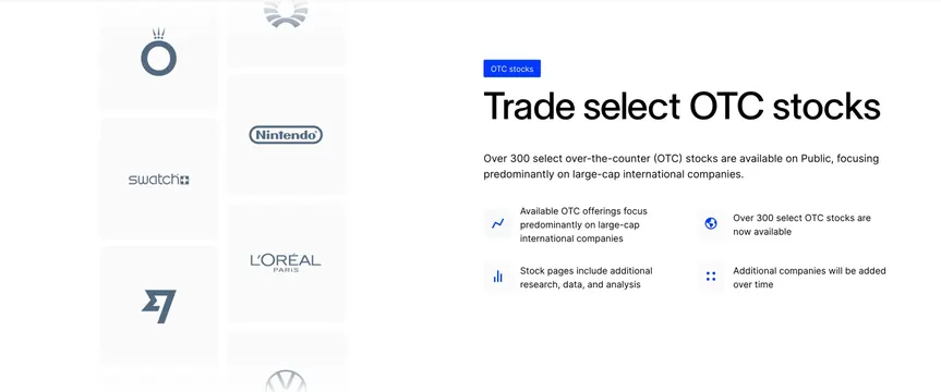 Public OTC stocks feature with logo grid, minimal, light-mode, light