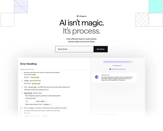 Pylon AI agents process hero, minimal, corporate-clean, light