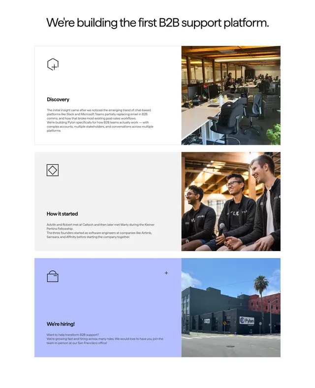 Pylon company story stacked feature rows, minimal, light-mode, light
