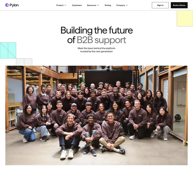 Pylon corporate about hero with team photo, minimal, light-mode, light
