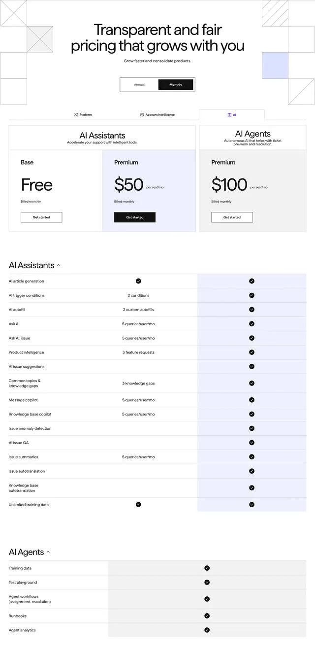 Pylon AI subscription pricing table, minimal, light-mode, light