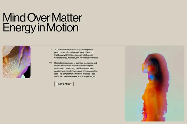 Quantum Body brand overview, minimal, photographic, light