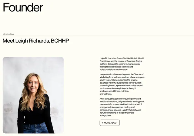 Quantum Body founder bio section, minimal, light-mode, light