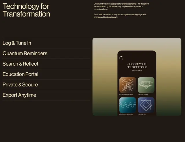 Quantum Body app capabilities feature, minimal, dark-mode, dark