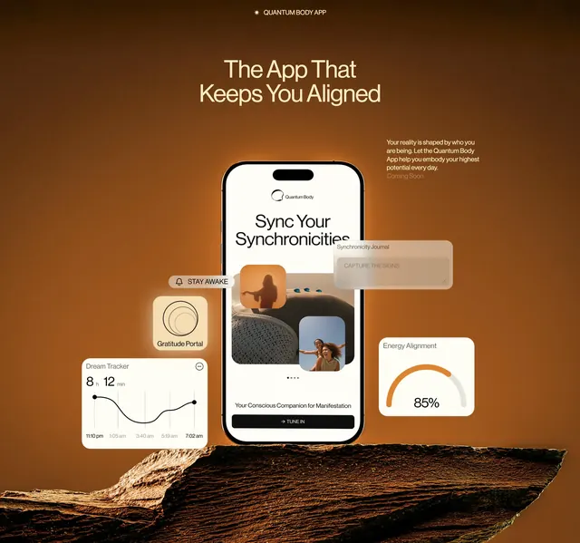 Quantum Body app promo, dark-mode, 3d-render, dark