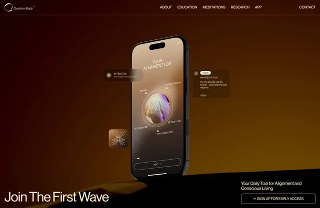 Quantum Body mobile app hero, dark-mode, minimal, dark