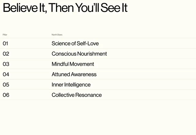 Quantum Body philosophy pillar list, minimal, light-mode, light