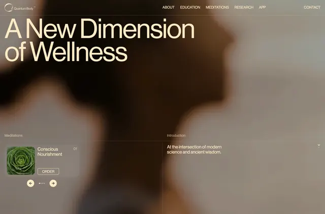 Quantum Body wellness homepage hero, editorial, dark-mode, dark