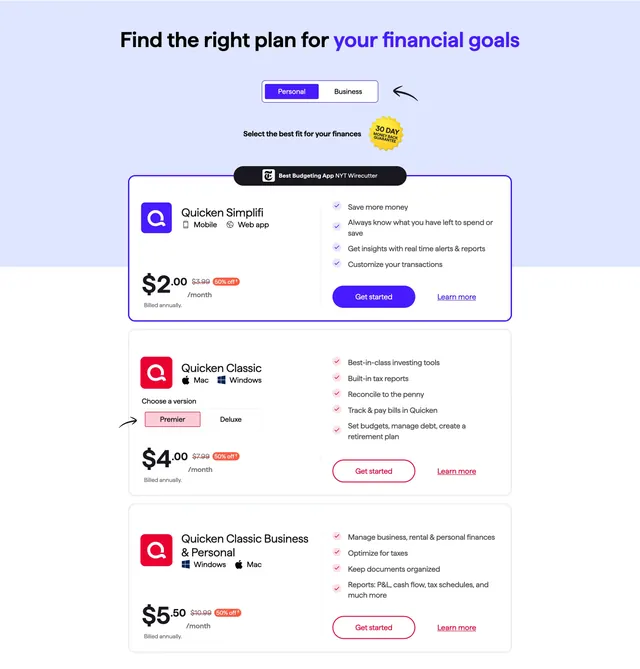 Quicken homepage pricing plans, minimal, light-mode, light