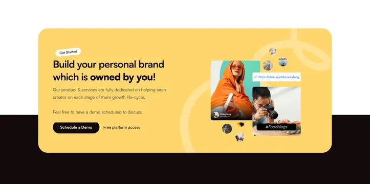 Quicklnk yellow boxed CTA with floating profile collage, light-mode, boxed, warm