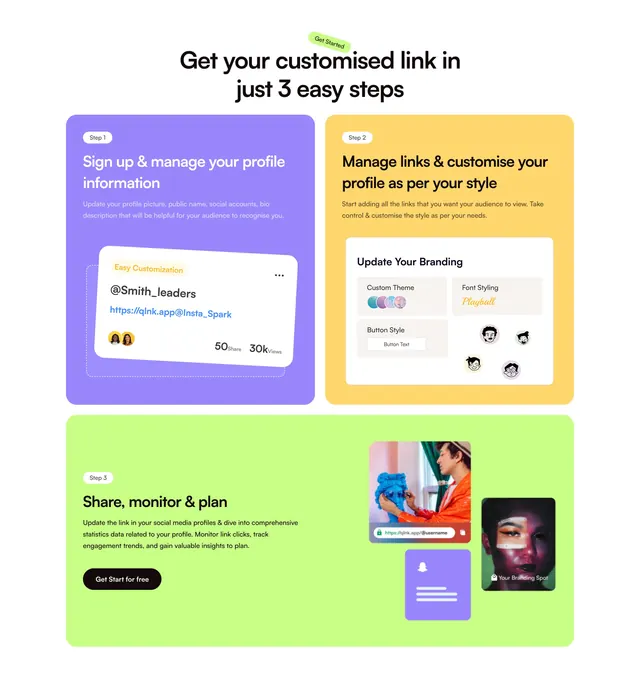 Quicklnk colorful three-step how-it-works bento, light-mode, boxed, vibrant