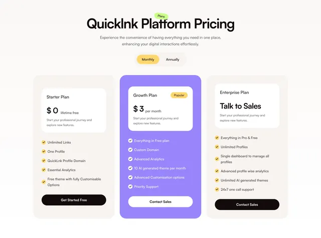 Quicklnk three-column pricing with purple highlighted plan, light-mode, boxed, light