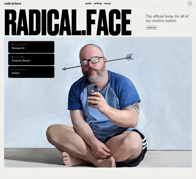 Radical Face multi-outlet creative homepage hero, minimal, editorial, light