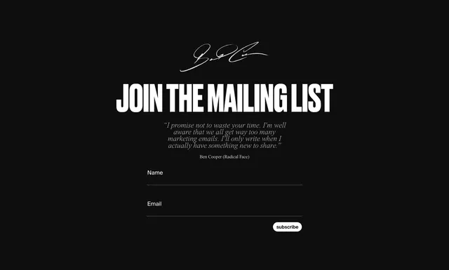 Radical Face dark newsletter signup with personal promise, minimal, dark-mode, dark