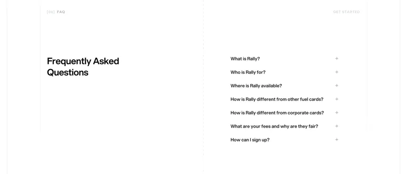 Rally split-column FAQ with accordion list, minimal, corporate-clean, light