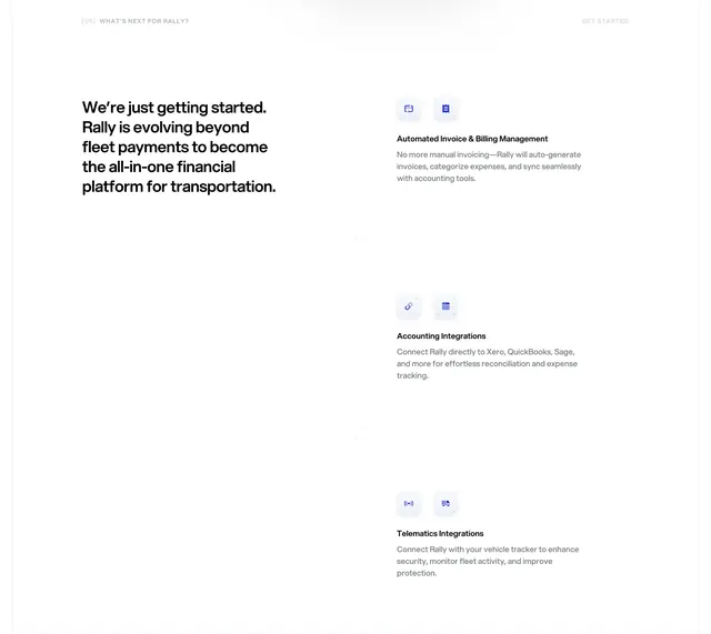 Rally roadmap feature list with dashed grid, minimal, corporate-clean, light