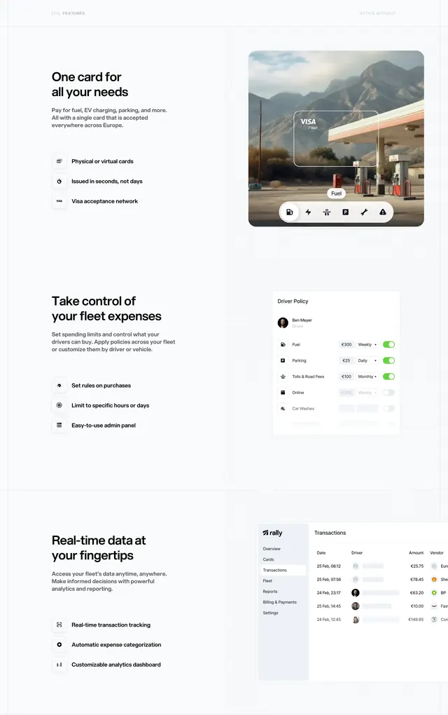 Rally stacked split feature sections with UI mockups, minimal, corporate-clean, light
