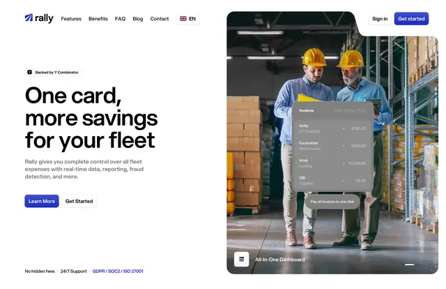 Rally fleet management split hero with dashboard overlay, minimal, corporate-clean, light