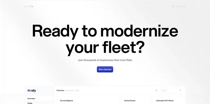 Rally bottom-anchored CTA with dashboard peek, minimal, corporate-clean, light