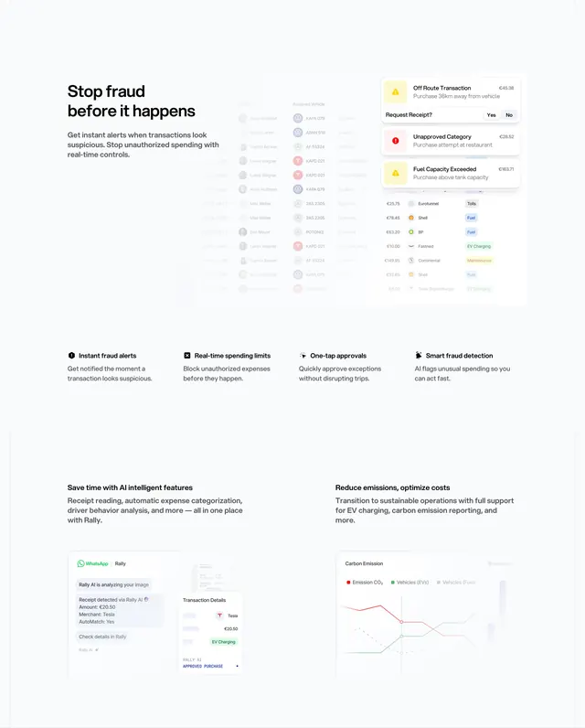Rally fraud alerts and AI feature stack, minimal, corporate-clean, light