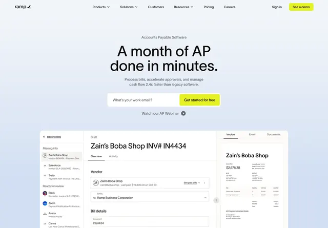Ramp accounts payable hero with product UI, minimal, light-mode, light