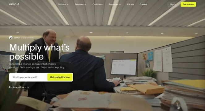 Ramp automated finance hero with celebrity photo, minimal, corporate-clean, light