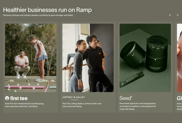 Ramp customer stories olive carousel, minimal, corporate-clean, muted