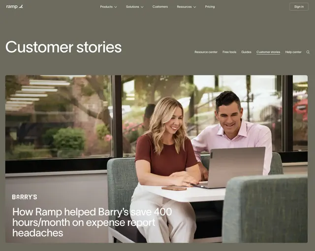 Ramp customer stories page hero, minimal, corporate-clean, muted