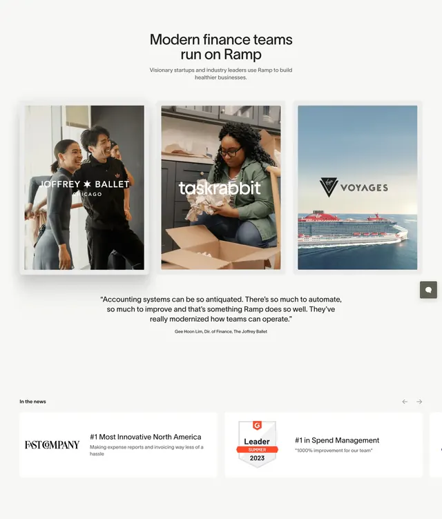 Ramp customer stories and press section, minimal, light-mode, light