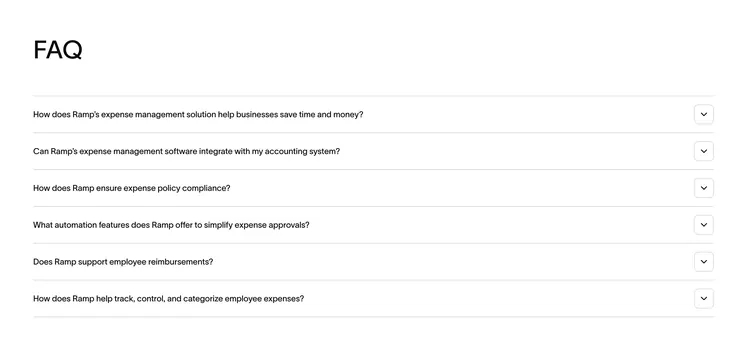 Ramp expense management FAQ accordion, minimal, light-mode, light