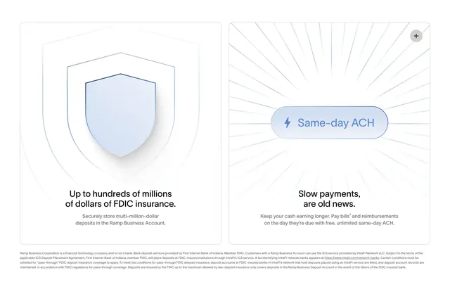 Ramp FDIC and same-day ACH feature pair, minimal, light-mode, light