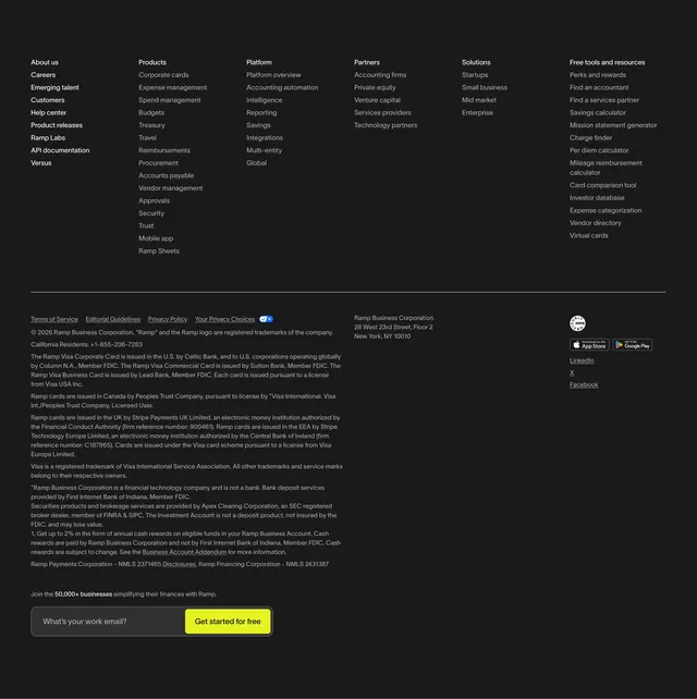 Ramp mega footer with email CTA, minimal, dark-mode, dark