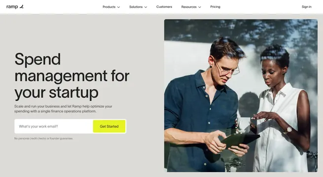 Ramp startup spend management split hero, minimal, light-mode, light