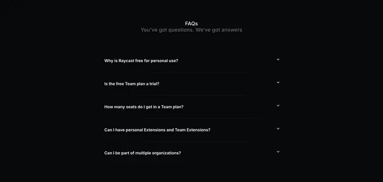 Raycast dark FAQ accordion, dark-mode, minimal, dark