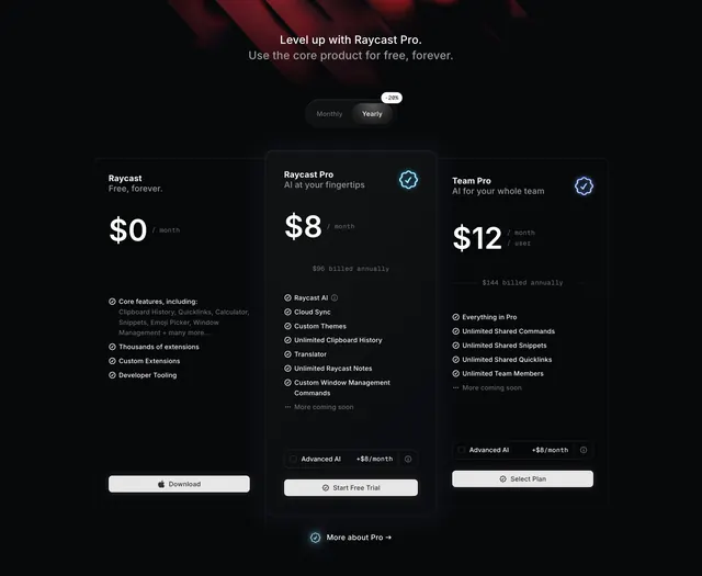Raycast dark three-tier pricing with glowing Pro card, dark-mode, minimal, dark