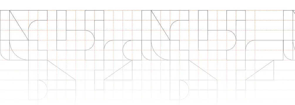 Rayon divider with geometric wordmark on engineering grid, light-mode, minimal, light