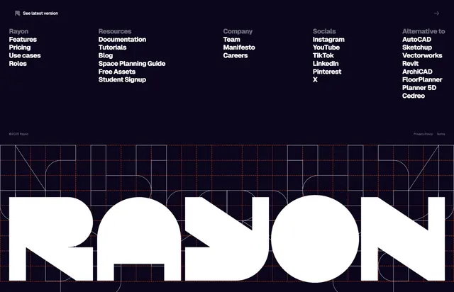 Rayon oversized-wordmark footer, dark-mode, technical, dark