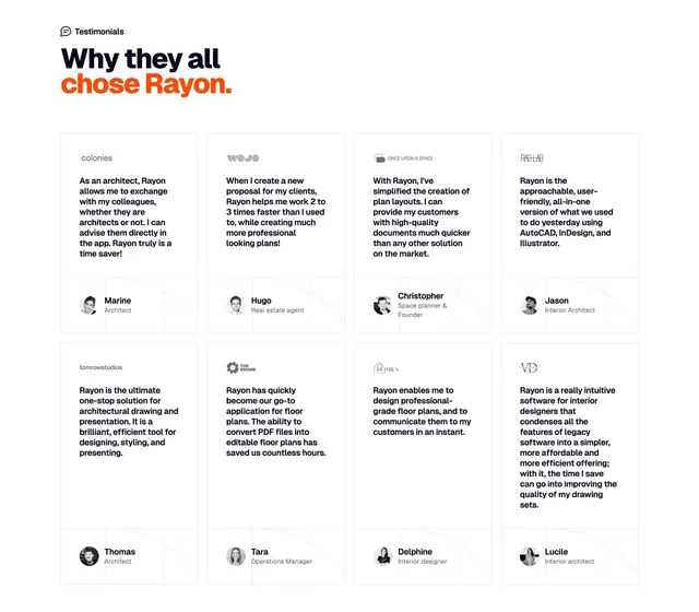 Rayon four-column testimonial grid, light-mode, minimal, light