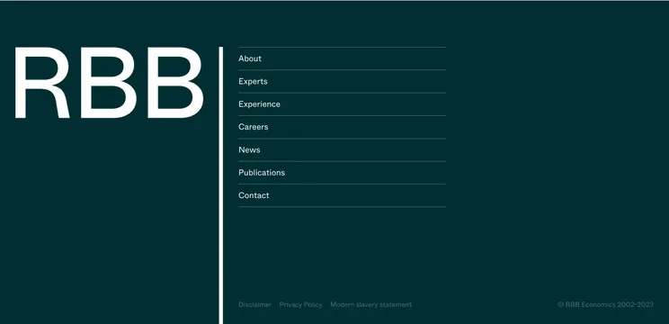 RBB Economics minimal dark footer nav, minimal, dark-mode, dark